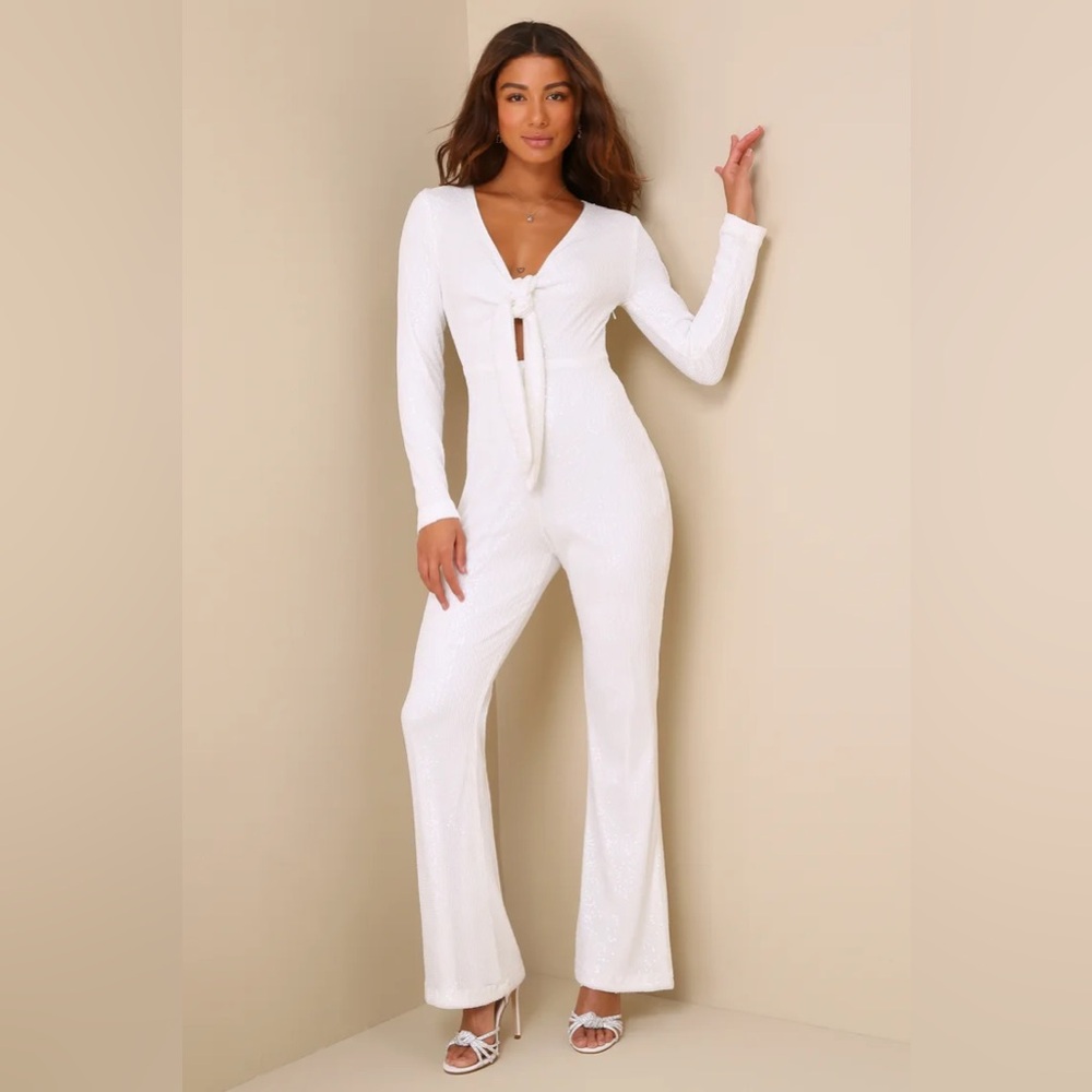White Sequin Tie-Front Long Sleeve Jumpsuit